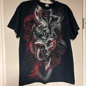 90s VINTAGE WIZARD DRAGON SKULLS T Shirt Large All Over Print